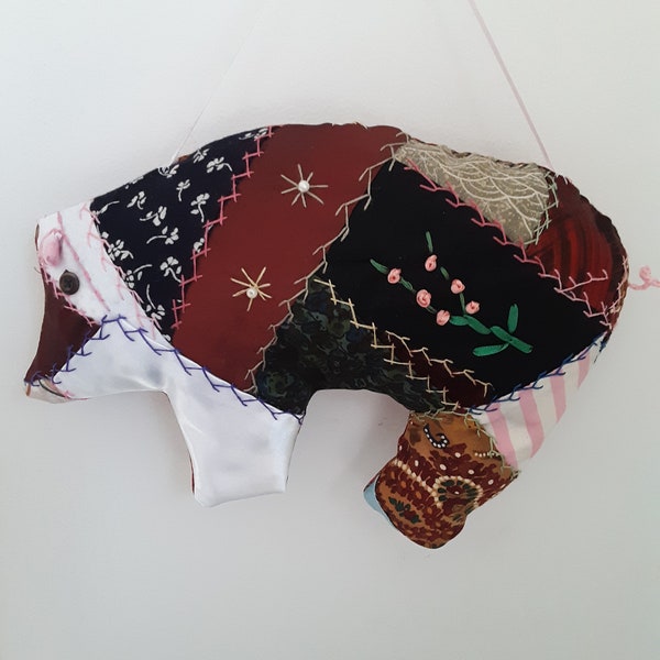 CRAZY QUILT PIG Pincushion or Doorhanger with yoyo new silk Patchwork Quilt  3 to choose from Reduced