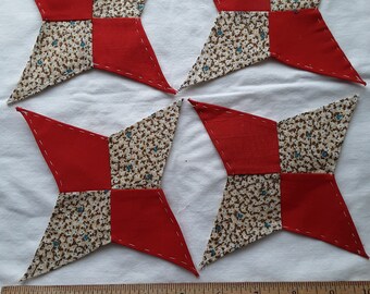 7 VINTAGE QUILT BLOCKS Stars lot of vintage fabric star blocks to complete red and floral