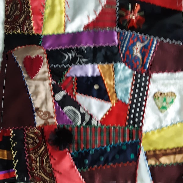 1  NEW SILK CRAZY Quilt 13 inch Square Vintage Look Hand Embroidered and Embellished yoyos 8 available
