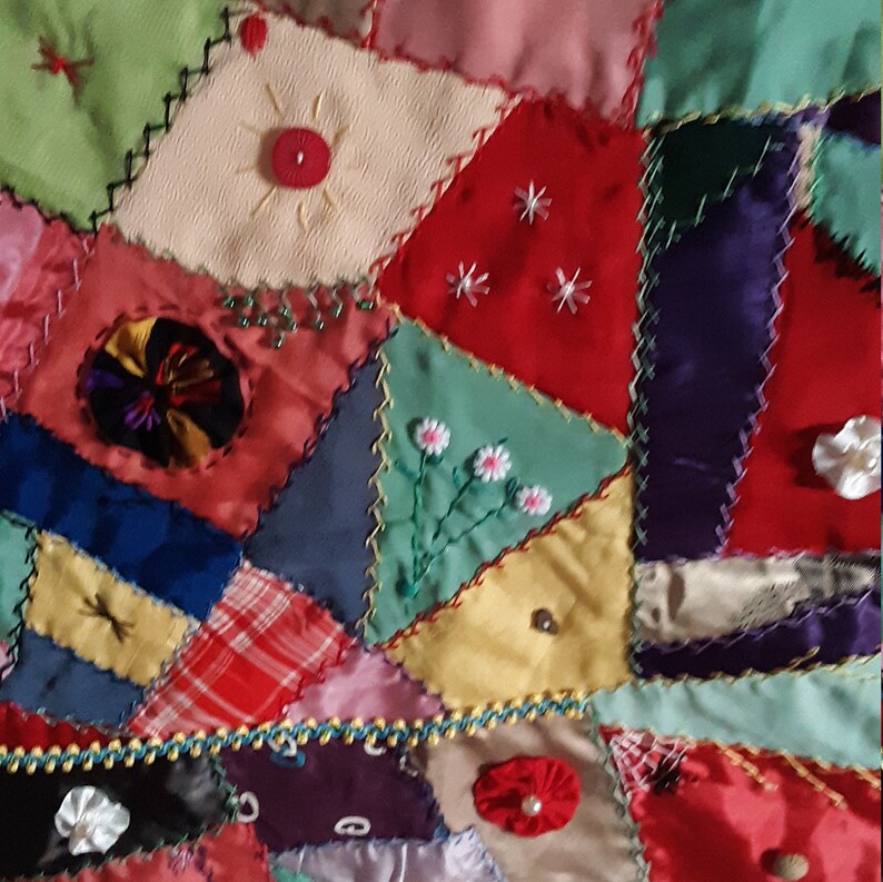 VINTAGE SILK CRAZY Quilt Squares Hand Embroidered and Embellished 8