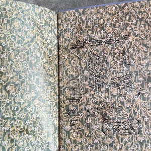 Puede incluir: Un libro abierto con una cubierta de patr&oacute;n verde y dorado. Las p&aacute;ginas est&aacute;n llenas de notas escritas a mano en tinta negra.