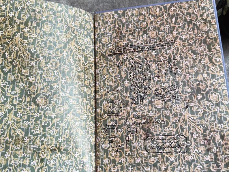 Puede incluir: Un libro abierto con una cubierta de patr&oacute;n verde y dorado. Las p&aacute;ginas est&aacute;n llenas de notas escritas a mano en tinta negra.