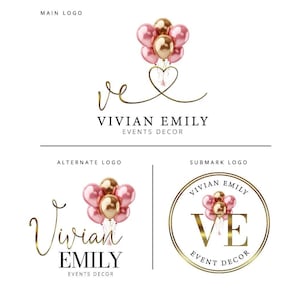 Hermoso diseño de logotipo de globos rosados y dorados, logotipo de globos, logotipo de globos circulares, logotipo de cumpleaños, logotipo de decoración de fiestas, diseño de logotipo de firma