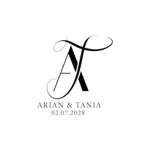 Puede incluir: Un monograma en blanco y negro con las letras "A" y "T" entrelazadas. El texto "ARIAN & TANIA" y la fecha "02.07.2028" están debajo del monograma.