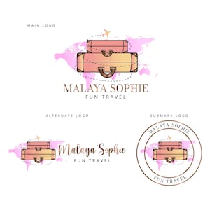 Rose Gold Suitcase Logo, Travel Logo Design, Tourism Logo, Business Tour Logo, Adventure Trip Logo, Watercolor Logo, Worldmap Logo