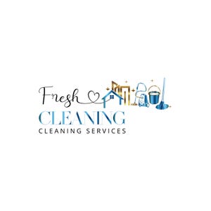 Op de afbeelding: Logo voor een schoonmaakservice genaamd "Fresh Cleaning" met een gouden huis en schoonmaakbenodigdheden, waaronder een mop, een emmer en een stofzuiger.