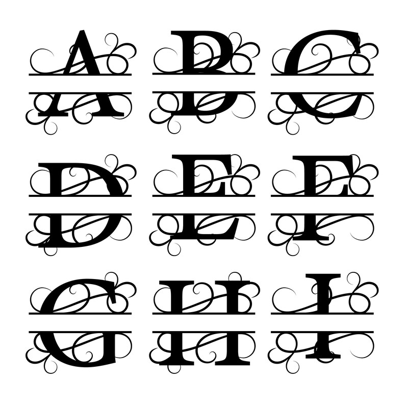 Split Monogram SVG, Fancy Script Alphabet, Family Name Frames (digital ...