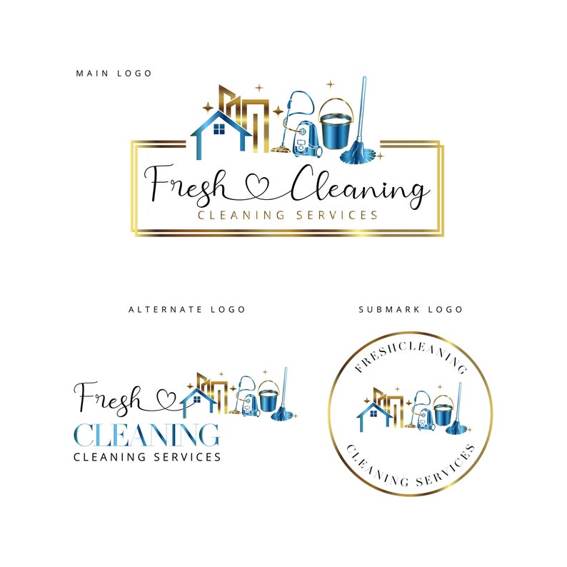 Op de afbeelding: Logo voor een schoonmaakservice genaamd "Fresh Cleaning". Het logo toont een gouden huis, een blauwe stofzuiger, een blauwe emmer, een blauwe dweil en een blauwe bezem. De tekst "Fresh Cleaning" staat in een gouden frame met een hartje.