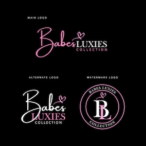 May include: Three logo variations for a brand called "Babes Luxies Collection". The main logo features a pink cursive script with a heart. The alternate logo is similar but with a slightly different font. The watermark logo is a circle with the brand name and initials "BL" in pink and white.