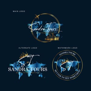May include: Three logo variations for Sandra Tours, a travel agency. The main logo features a gold globe with a ship and airplane, the alternate logo features a blue globe with a ship and the letters ST, and the watermark logo features a blue globe with a ship and the text "Sandra Tours" in a gold circle.