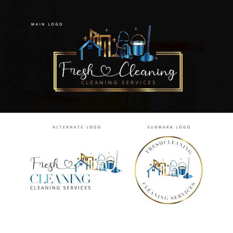 Op de afbeelding: Een goud en blauw logo voor een schoonmaakservice genaamd "Fresh Cleaning". Het logo bevat een huis, een stofzuiger, een emmer, een mop en een hart. De tekst "Fresh Cleaning" is geschreven in een cursief lettertype met een hart symbool tussen de woorden. De tekst "Cleaning Services" is geschreven in een kleiner lettertype onder de hoofdtekst.