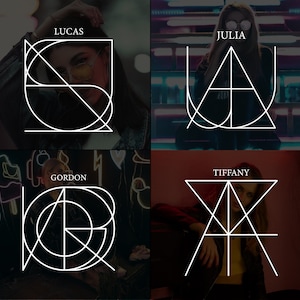 Pode incluir: Quatro imagens com designs geométricos brancos que soletram nomes: Lucas, Julia, Gordon e Tiffany. Cada design é sobreposto a uma foto de uma pessoa. Os nomes estão em texto branco acima dos designs. Os fundos são escuros com luzes de néon.
