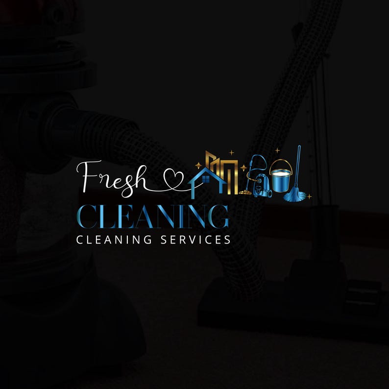 Op de afbeelding: Een logo voor een schoonmaakservice genaamd "Fresh Cleaning" met de tekst "Cleaning Services" eronder. Het logo toont een gestileerd huis met een hart, een stofzuiger, een emmer en een dweil.
