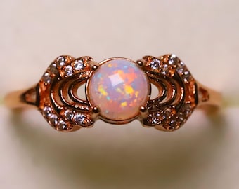 Australia Natural Opal Engagement Ring Women White Opal 6*6mm Elegant 925 Rose Gold Plated Adjustable Opal Ring with Delicate Band