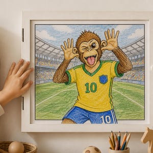 May include: A square white wooden frame containing a colored pencil drawing of a brown monkey wearing a yellow and blue soccer jersey with the number 10 on the chest and shorts. The monkey is making a silly face in a large soccer stadium.