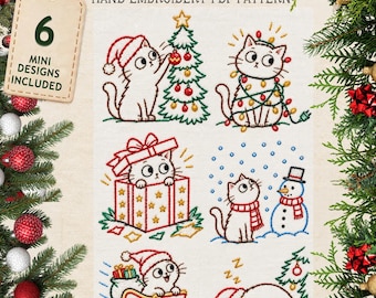 May include: A digital embroidery pattern sheet titled CHRISTMAS HAND EMBROIDERY PDF PATTERN featuring six cat designs: a cat decorating a tree, a cat with lights, a cat in a gift box, a cat with a snowman, a cat in a sleigh, and a sleeping cat.