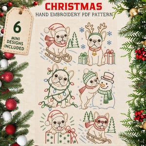 Puede incluir: Un patrón de bordado a mano navideño en PDF con seis mini diseños de bulldogs franceses en escenas festivas, incluyendo perros en trineos, con luces de Navidad, astas de reno y un muñeco de nieve sobre un fondo de tela claro.