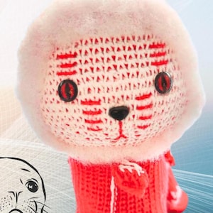Gato marino navideño con un abrigo rojo de invierno esquiando con una mochila y auriculares / rápido y hermoso /mejor regalo de bricolaje