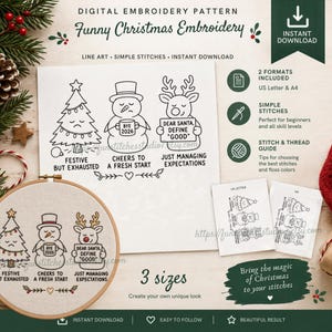 Puede incluir: Un patrón de bordado digital con dibujos lineales de un árbol de Navidad, un muñeco de nieve con una taza que dice BYE 2026 y un reno con un cartel que dice DEAR SANTA, DEFINE GOOD, incluyendo leyendas de texto para cada uno.