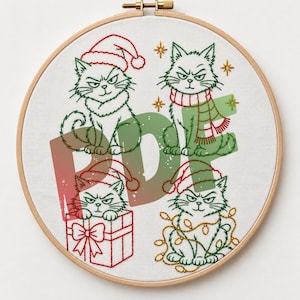 Grumpy Christmas Green Cats, Embroidery Pattern PDF, Funny Xmas Hand Embroidery Design, Multi Size Holiday Cat Outline,  Printable Pattern
