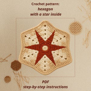Puede incluir: Un patrón de ganchillo en PDF con instrucciones paso a paso que presenta un motivo hexagonal con una estrella en el interior. El diseño muestra una estrella central de seis puntas color óxido rodeada de puntos crema y beige.