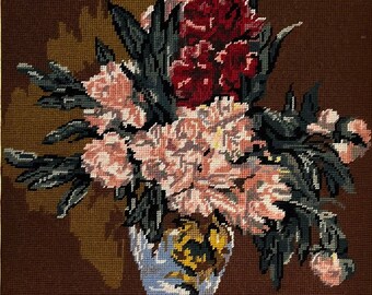 LARGE Vintage NEEDLEPOINT Floral Bouquet Cross Stitch Embroidery Handmade Art MCM Gallery Wall Decor