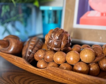 Hand carved WOODEN FRUIT Set of (6) tray (1) Philippines Rosa Balibalo MCM retro solid wood art unique coffee table accent