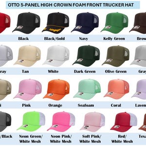 May include: A collection of Otto 5-panel high crown foam front trucker hats displayed in a grid. The hats are available in various solid colours and two-tone combinations, each featuring a structured foam front panel and a breathable mesh back.