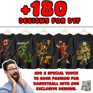May include: Black t-shirts with basketball player graphics hang on a rack. The shirts feature images of famous players and the text "JOKER", "GIANNIS", and "GOLDEN STATE". The image also includes the text "+180 DESIGNS FOR DTF".