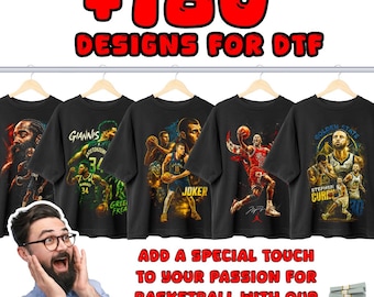 Puede incluir: Camisetas negras con gráficos de jugadores de baloncesto colgadas en una percha. Las camisetas presentan imágenes de jugadores famosos y el texto "JOKER", "GIANNIS" y "GOLDEN STATE". La imagen también incluye el texto "+180 DESIGNS FOR DTF".