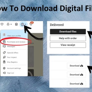 Op de afbeelding: Een screenshot dat laat zien hoe je digitale bestanden op Etsy kunt downloaden. De stappen zijn: 1. Klik in het menu op "Aankopen en beoordelingen". 2. Klik in de sectie "Geleverd" op "Bestanden downloaden". 3. Klik op de downloadknop voor elk bestand.