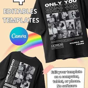 May include: Two black t-shirts featuring customizable photo collage templates. The top shirt displays the text ONLY YOU and WANNA BE YOURS with multiple black and white photos. The bottom shirt features the word GIRLFRIEND and the name LUISA.