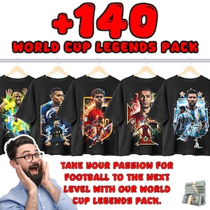May include: Black t-shirts featuring soccer legends, with the text "+140 WORLD CUP LEGENDS PACK". The shirts display player graphics and the text "TAKE YOUR PASSION FOR FOOTBALL TO THE NEXT LEVEL WITH OUR WORLD CUP LEGENDS PACK."