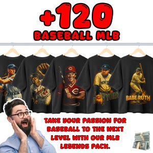 Könnte beinhalten: Eine Kollektion schwarzer T-Shirts mit Baseball-Legenden, die auf einem Kleiderständer hängen. Die Shirts zeigen Bilder von Baseballspielern und den Text "+120 BASEBALL MLB". Der Text "TAKE YOUR PASSION FOR BASEBALL TO THE NEXT LEVEL WITH OUR MLB LEGENDS PACK" ist ebenfalls sichtbar.