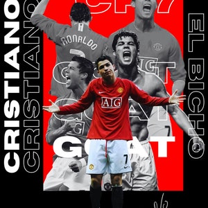 May include: A collage of images featuring Cristiano Ronaldo, a professional soccer player, wearing a red and white soccer uniform with the number 7 on it. The background is red with the text "CF7" and "EL BICHO" in white. The text "GOAT" is in black and white and appears in the bottom center of the image. The text "CRISTIANO" is in white and appears on the left side of the image.