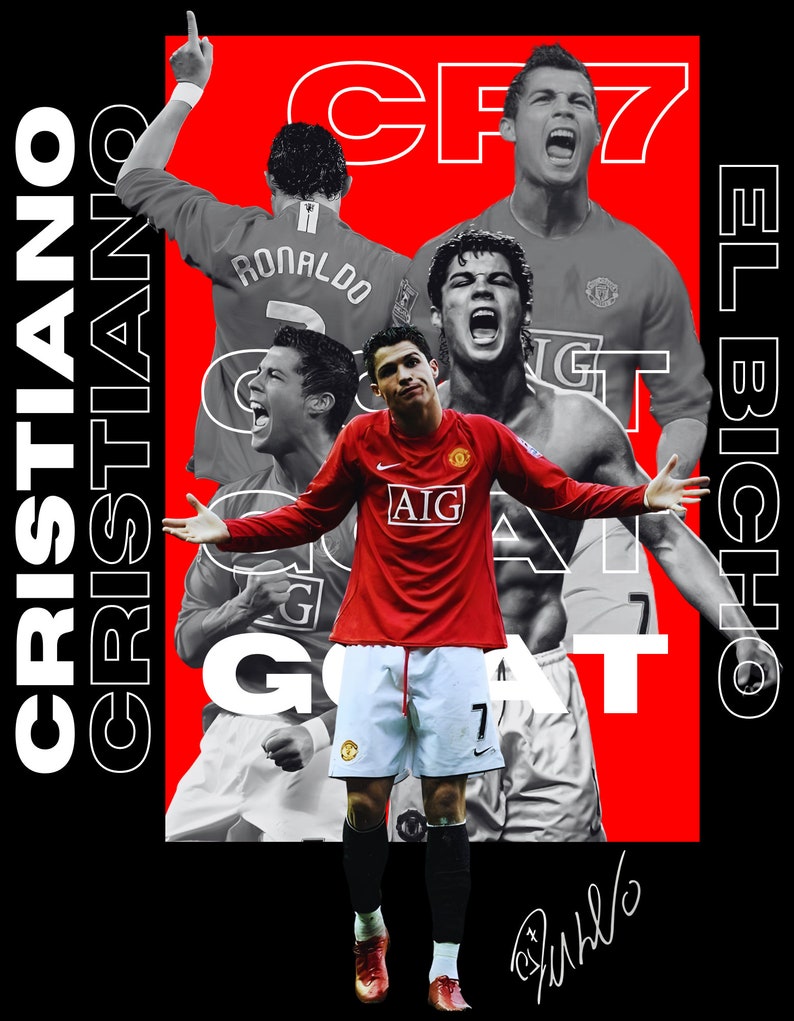 May include: A collage of images featuring Cristiano Ronaldo, a professional soccer player, wearing a red and white soccer uniform with the number 7 on it. The background is red with the text "CF7" and "EL BICHO" in white. The text "GOAT" is in black and white and appears in the bottom center of the image. The text "CRISTIANO" is in white and appears on the left side of the image.