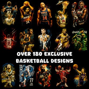 May include: A collection of basketball-themed designs featuring various players and teams. The image includes the text "OVER 180 EXCLUSIVE BASKETBALL DESIGNS". The designs showcase players in action, with team logos and player names.