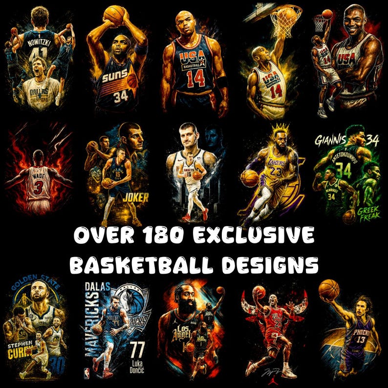 May include: A collection of basketball-themed designs featuring various players and teams. The image includes the text "OVER 180 EXCLUSIVE BASKETBALL DESIGNS". The designs showcase players in action, with team logos and player names.