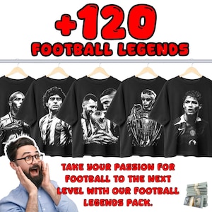 Peut inclure: Plusieurs t-shirts noirs avec des légendes du football, suspendus à une tringle. Le texte "+120 FOOTBALL LEGENDS" est en haut. En dessous, le texte dit "TAKE YOUR PASSION FOR FOOTBALL TO THE NEXT LEVEL WITH OUR FOOTBALL LEGENDS PACK."