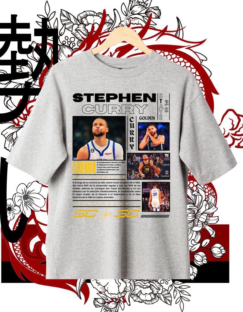 May include: A light gray t-shirt featuring images of Stephen Curry, with the text "STEPHEN CURRY" in black and yellow. The shirt includes text in Spanish and Japanese characters, and is decorated with floral and dragon graphics.