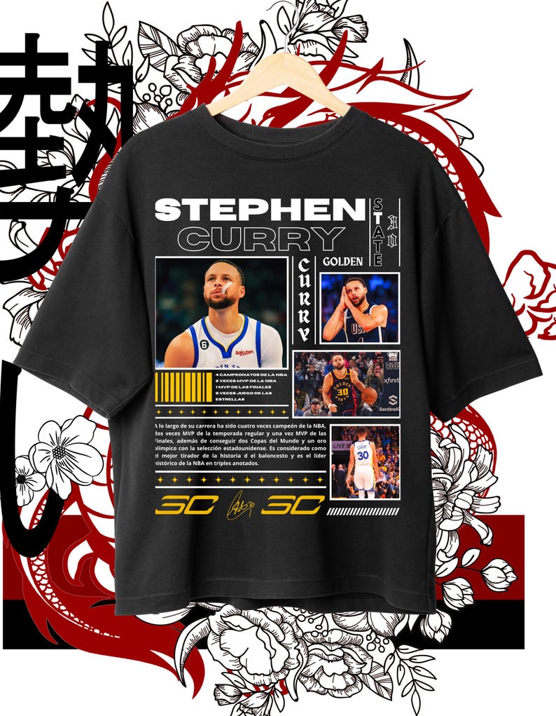 May include: Black t-shirt featuring Stephen Curry with images and text. The design includes the name "STEPHEN CURRY" in white, along with the Golden State Warriors logo and player images. The shirt also has text in Spanish.
