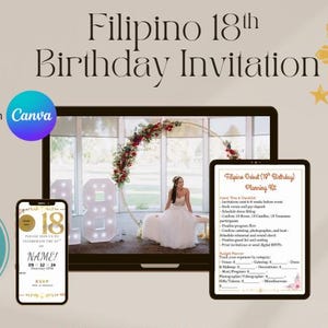 Pode incluir: Convite digital para o 18º aniversário filipino. O design inclui uma mulher com traje tradicional, uma bandeira e o texto "Filipino 18th Birthday Invitation". Personalizável com Canva, para imprimir ou enviar digitalmente.