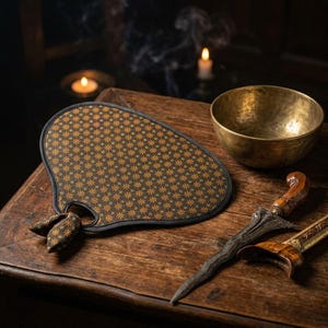 May include: A dark brown, patterned fan-shaped object with a black border, a brass bowl, and two decorative daggers rest on a wooden surface. The fan has a repeating pattern of orange star-like shapes. Two lit candles are in the background.