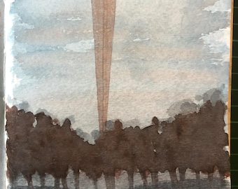 May include: Watercolor painting of a landscape with a tall, brown structure rising from a dark treeline. The sky is a blend of blue and gray, with soft brushstrokes. The artwork is on textured paper.
