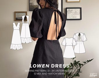 Patrón de costura en PDF del vestido Lowen / Espalda descubierta / 12 vistas / Tallas disponibles: 0–34 / Videotutorial