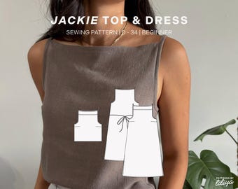 Patrón de costura en PDF para top y vestido Jackie / Tallas disponibles: 0-34 / Principiante / Cuello cuadrado / Top básico o vestido midi