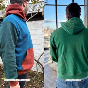 Puede incluir: Una sudadera con capucha multicolor con bolsillo de canguro. La sudadera presenta un dise&ntilde;o de bloques de color con paneles de color verde azulado, azul y &oacute;xido. La capucha y los pu&ntilde;os son de color &oacute;xido. El texto "@sewing and knitting space" es visible.