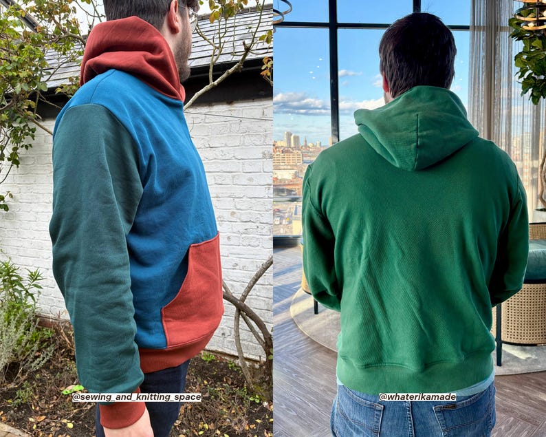 Puede incluir: Una sudadera con capucha multicolor con bolsillo de canguro. La sudadera presenta un dise&ntilde;o de bloques de color con paneles de color verde azulado, azul y &oacute;xido. La capucha y los pu&ntilde;os son de color &oacute;xido. El texto "@sewing and knitting space" es visible.