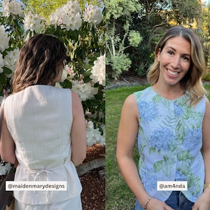 May include: Two sleeveless tops. One is white with a tie in the back, the other is light blue with a floral pattern. The image includes the text "@maidenmarydesigns" and "@am4nda".