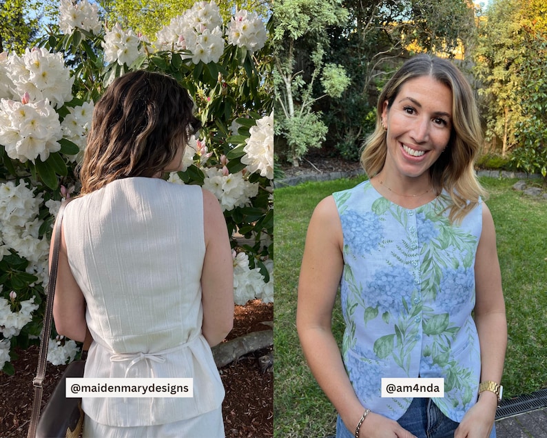 May include: Two sleeveless tops. One is white with a tie in the back, the other is light blue with a floral pattern. The image includes the text "@maidenmarydesigns" and "@am4nda".